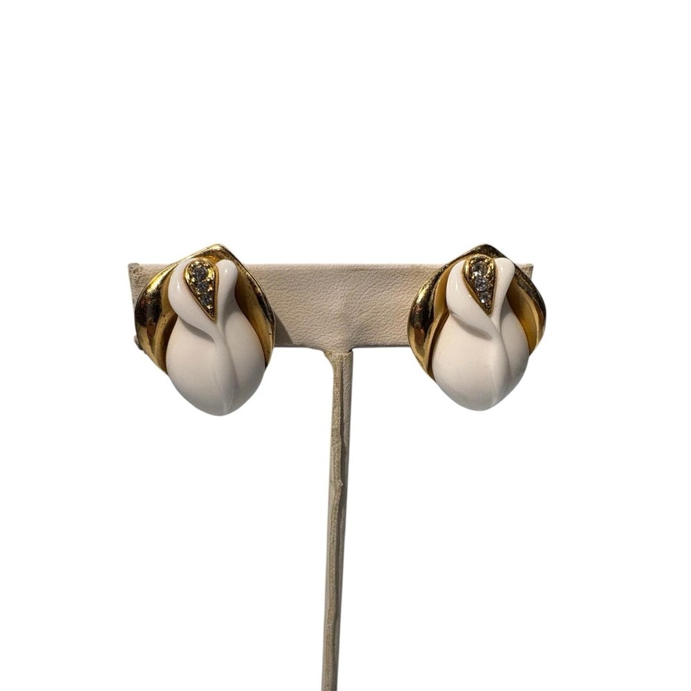Vintage Signed KJL for Avon Gold Tone White Enamel Midnight Rose ClipOn Earrings